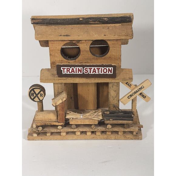 Vintage Handmade Rustic Folk Art Wooden‎ Train Station Depot Railroad Crossing - Picture 2 of 9